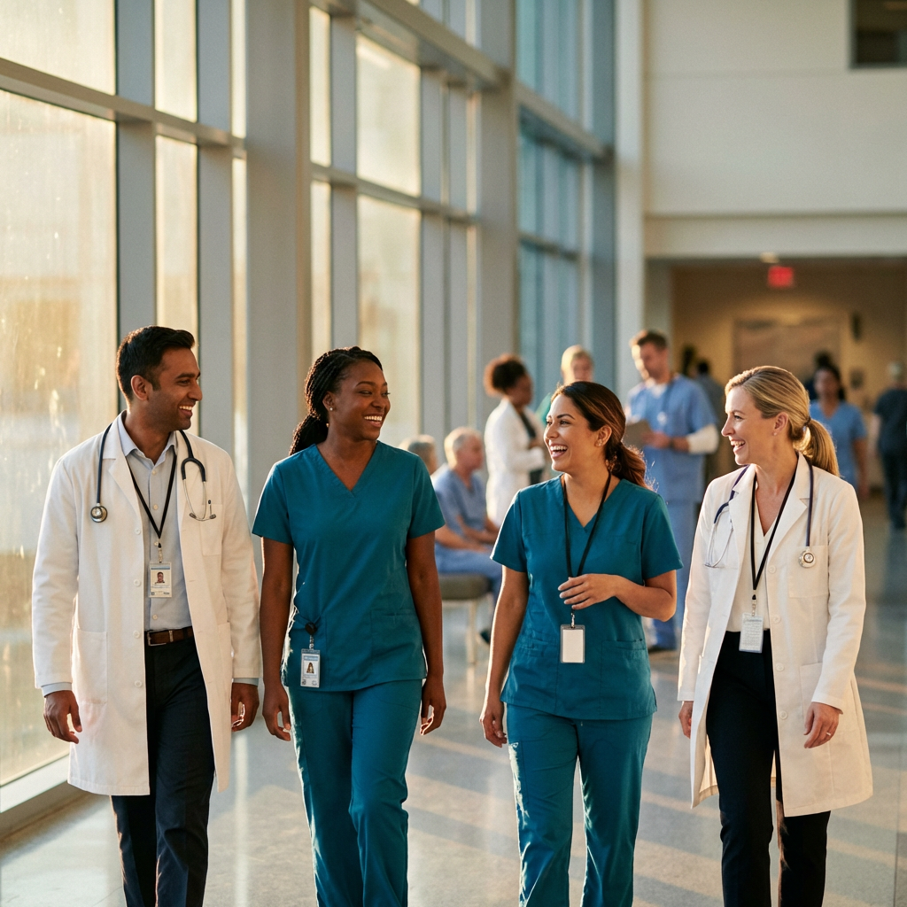Diverse team of healthcare professionals walking together through a sunlit hospital corridor, candid editorial style