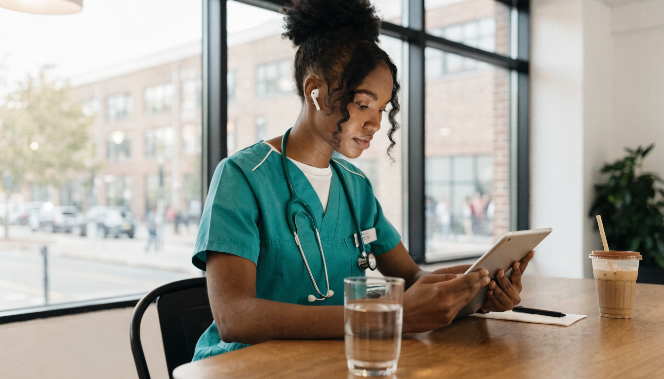 Healthcare professional reviewing compliance training on a tablet